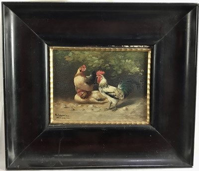 Lot 273 - German School, early 20th century, oil on board - Chickens, indistinctly signed, inscribed Munich, in gilt and ebonised frame 
Provenance: bought out of Germany in 1938 by the vendors late parents...