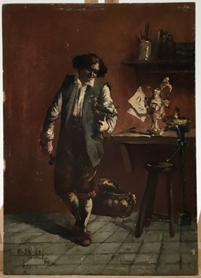 Lot 34 - Seidel ? Oil on panel - portrait of a silversmith in his workshop, indistinctly signed, 16cm x 22cm