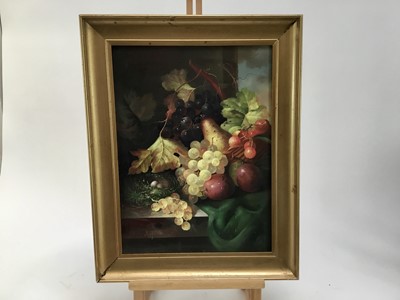 Lot 38 - After Edward Ladell oil on board - still life with fruit, signed A. Jemin?, 29cm x 39cm
