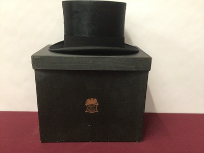 Lot 2107 - Black top hat by Scott & Co date stamped under leather inner band 31 December 1949 in a Lincoln Bennett & Co top hat box