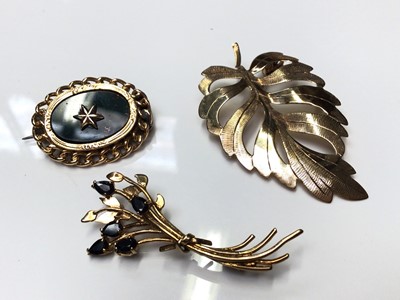 Lot 71 - 9ct gold floral spray brooch set with sapphires, 9ct gold leaf brooch and a bloodstone brooch (3)