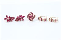 Lot 779 - Gold (9ct) ruby cluster ring, pair gold (14ct)...