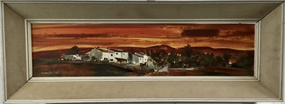 Lot 94 - Michael D Barnfather (born 1934) - oil on board - panoramic landscape at sunset - 'Near Sonserve, Mallorca' 15cm x 60cm