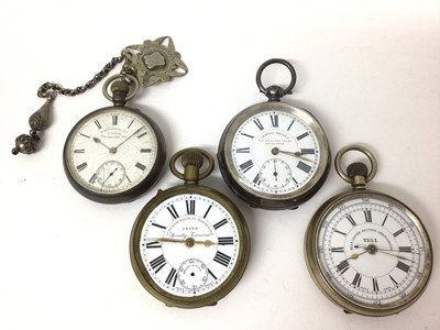 Lot 108 - Four pocket watches to include The Midlands Lever in silver case, H. White of Manchester in silver case, Tell Chronograph in white metal case and Superior Railway Timekeeper