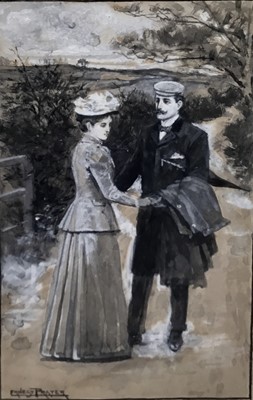 Lot 145 - Ernest Prater (1864-1950) watercolour / body colour on paper - a parting couple, signed lower right, framed and glazed