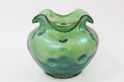 Lot 488 - Loetz or Kralik iridescent green glass vase with crimped rim, 17cm high