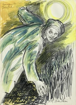 Lot 219 - Andrew Vicari (1938-2016) mixed media on paper - 'Homage to Brueghel', signed and dated 1979, inscribed, 34cm x 24cm, in glazed frame