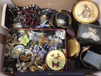 Lot 135 - Quantity of costume jewellery including novelty brooches, beads, compacts, jewellery boxes and bijouterie
