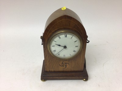 Lot 2418 - Edwardian inlaid mahogany mantel clock, the domed case with twin brass handles, 23cm high