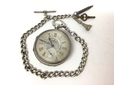 Lot 154 - Edwardian silver cased pocket watch on silver watch chain with fobs