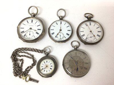 Lot 155 - Four Victorian and later silver cased pocket watches and one silver cased fob watch on silver chain