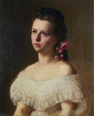 Lot 1187 - Frederico De Madrazo y Kuntz (1815-1894) oil on canvas - portrait of a pretty young lady with roses in her hair, initialled and dated 1873, unframed