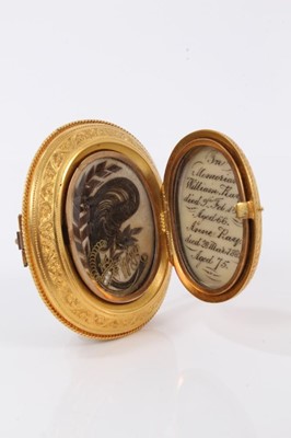 Lot 158 - Good quality Victorian yellow metal mourning brooch with Gothic engraved decoration, locket front with two panels of coiled hair, seed pearl and gold wire binding, engraved ivory panel commemoratin...
