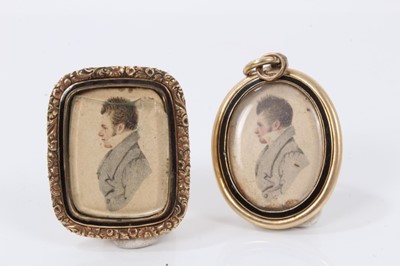Lot 159 - George IV yellow metal and black enamel mourning brooch and similar pendant, each containing a watercolour minature on paper portrait of ' Benjamin King, Died 4th December 1829, aged 24 ' and silho...