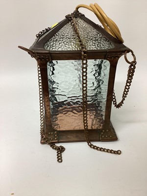 Lot 2449 - Arts & Crafts rivet-jointed copper lantern with moulded glass panels and chain