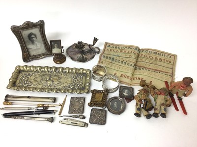 Lot 162 - Victorian silver plated chamber candlestick in the form of a waterlily, Victorian gilt metal and agate dipper pen, silver frames, napkin rings and sundries
