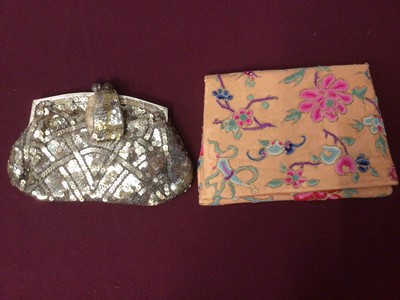 Lot 2118 - Chinese silk purse with forbidden stitch embroidered three claw dragons plus an Art Deco French sequin evening bag.