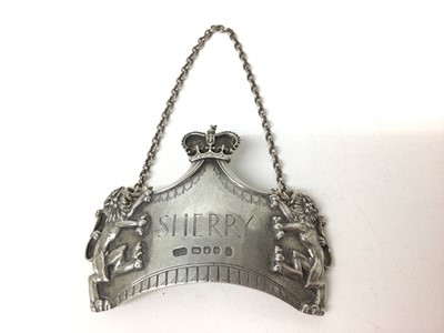 Lot 186 - Modern silver sherry label decorated with crown and rampant lions7 cm wide