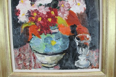 Lot 903 - *Lucy Harwood (1893-1972) oil on canvas, Still life with flowers and wine glass, signed verso, 49 x 39cm, framed. Provenance: Louise Kosman Gallery