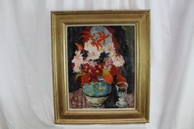 Lot 903 - *Lucy Harwood (1893-1972) oil on canvas, Still life with flowers and wine glass, signed verso, 49 x 39cm, framed. Provenance: Louise Kosman Gallery