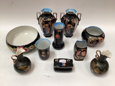 Lot 822 - Collection of Rubian Art pottery including lustre biscuit barrel with floral decoration on blue ground, jug with gilt overlaid floral decoration etc