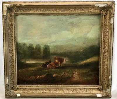 Lot 182 - English Naive School, 19th century, oil on board - cattle grazing, 30cm x 35cm, in gilt frame