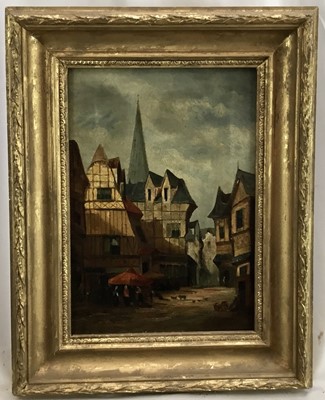 Lot 183 - After Samuel Prout, two late 19th century oils on canvas - Townscapes, 32cm x 22cm and 40cm x 30cm, in gilt frames