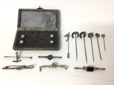 Lot 262 - Group of white metal stick pins, bar brooches and studs