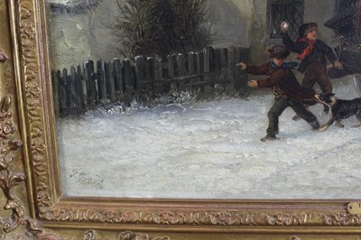 Lot 997 - Thomas Smythe (1825-1906) oil on canvas, The Snowball Fight, signed, 31cm x 46cm, in gilt frame