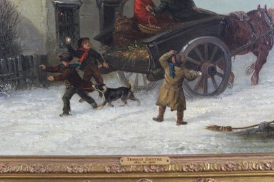 Lot 997 - Thomas Smythe (1825-1906) oil on canvas, The Snowball Fight, signed, 31cm x 46cm, in gilt frame