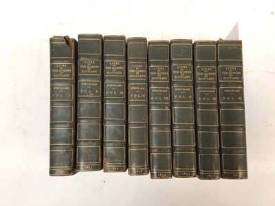 Lot 1692 - Agnes Strickland -  Lives of The Queens of Scotland, 1852 second edition, 8 volumes, Edinburgh: William Blackwood and Sons, half calf