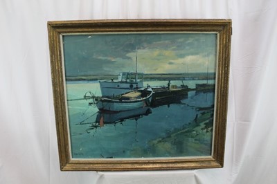 Lot 964 - *Peter Kelly (1931-2019) oil on board - Moored Boats, Walberswick, signed, 67cm x 78.5cm, in glazed gilt frame