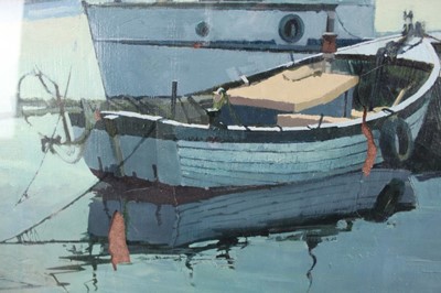 Lot 964 - *Peter Kelly (1931-2019) oil on board - Moored Boats, Walberswick, signed, 67cm x 78.5cm, in glazed gilt frame