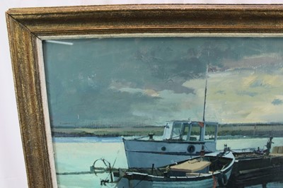 Lot 964 - *Peter Kelly (1931-2019) oil on board - Moored Boats, Walberswick, signed, 67cm x 78.5cm, in glazed gilt frame