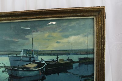Lot 964 - *Peter Kelly (1931-2019) oil on board - Moored Boats, Walberswick, signed, 67cm x 78.5cm, in glazed gilt frame