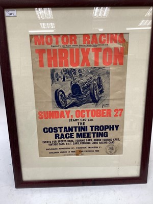 Lot 2020 - Original Motor Racing Thruxton poster, organised by the Bugatti Owners Club for British Racing Circuits Ltd, Sunday October 27th., mounted in glazed frame, 76 x 59cm overall.