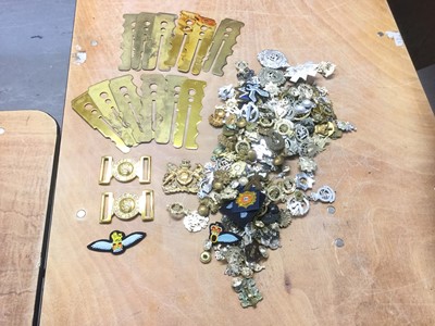 Lot 789 - Collection of staybrite military cap badges, brass button polishers and other militaria (1 box)