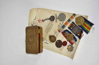 Lot 827 - First World War 1914 - 15 Star Trio comprising 1914 - 15 Star, War and Victory medals named to T3-024880 DVR: J. Evans. A.S.C., together with a First World War Princess Mary Christmas Gift tin