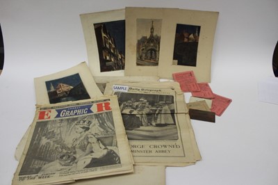 Lot 1537 - Box of ephemera including Coronation Day 1937 Daily Telegraph Supplement, 1953 Sunday Graphic, various prints, Salisbury hand-coloured etchings, 1946 Victory message, photographs of religious scene...