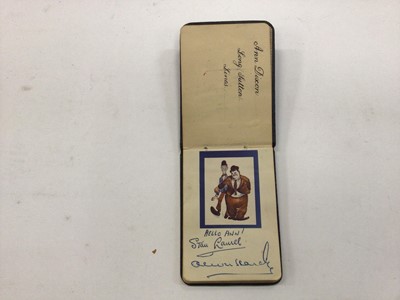 Lot 1481 - Laurel and Hardy- a personalised autograph 'Hello Ann!, Stan Laurel, Oliver Hardy', plus James Robertson Justice sigature, in album, named to Ann Dixon, Long Sutton, Lincs