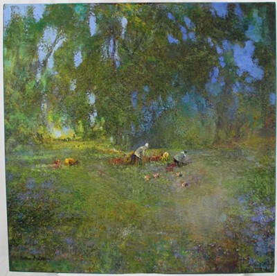 Lot 288 - Norman Coker, contemporary, oil on canvas - Mushroom Pickers, signed, dated 2017 and titled verso, 80cm square