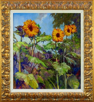 Lot 1016 - Norman Coker, contemporary, oil on board - Sunflowers, signed and dated '12, 50cm x 44cm, in gilt frame