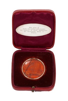 Lot 4 - Rare Roman amber and yellow metal mounted gaming counter said to have belonged to Marie Antoinette, The last Queen of France.