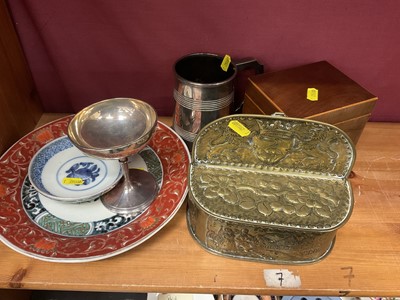 Lot 127 - Dutch brass candle box, tea caddy, Japanese dish, silver plated tankard, silver cup