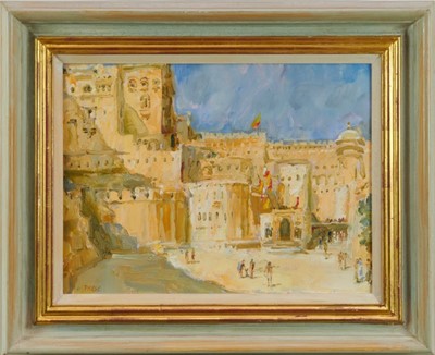 Lot 965 - *Tessa Spencer Pryse (b.1940) oil on canvas - 'Fort at Jaisalmer, India', signed, titled verso, 30cm x 40cm, framed