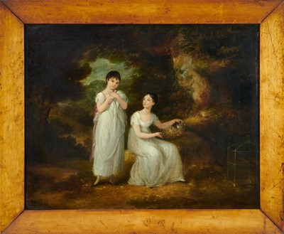Lot 1052 - Norwich School, early 19th century, oil on canvas - portrait of two sisters with pet doves in woodland, believed to be the daughters of Samuel and Elizabeth Gurney
