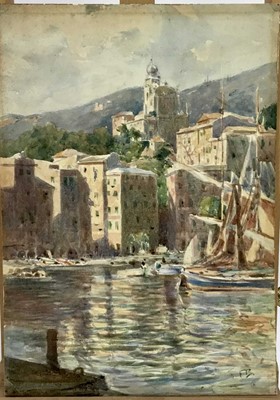 Lot 246 - Manner of Frank Brangwyn watercolour - Continental harbour, signed with initials, inscription to reverse, 39 x 18cm