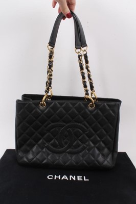 Lot 2050 - Chanel black caviar quilted leather large shopping tote handbag.