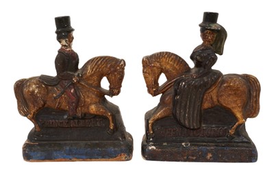Lot 24 - Pair of folk art carved wood Victoria and Albert on horseback, c.1850, with original paint
