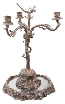 Lot 744 - Victorian silver plated table centre three branch candelabrum on 
mirrored base.